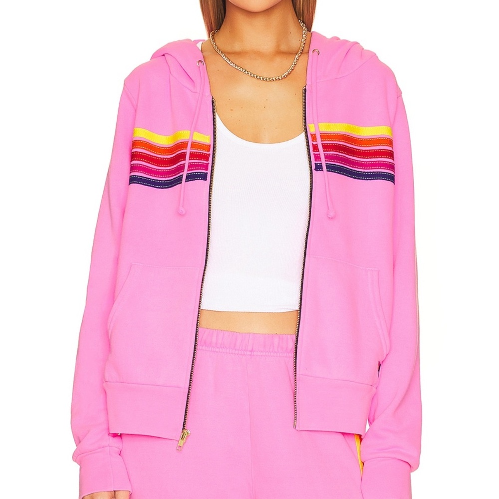 RARE Aviator Nation 5-Stripe Hoodie - Neon Pink / Yellow Purple Pink Stripes XS